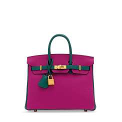 A CUSTOM ROSE POURPRE & MALACHITE TOGO LEATHER BIRKIN 25 WITH BRUSHED GOLD HARDWARE A CUSTOM ROSE POURPRE & MALACHITE TOGO LEATHER BIRKIN 25 WITH BRUSHED GOLD HARDWARE