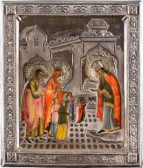 VERY FINE ICON WITH THE TEMPLE GANG OF MARY WITH SILVER RIZA VERY FINE ICON WITH THE TEMPLE GANG OF MARY WITH SILVER RIZA