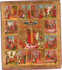 LARGE-FORMAT VITA ICON WITH THE HOLY CHARALAMPIOS WITH SZENES FROM HIS LIFE AND HIS MARTYRDOM LARGE-FORMAT VITA ICON WITH THE HOLY CHARALAMPIOS WITH SZENES FROM HIS LIFE AND HIS MARTYRDOM