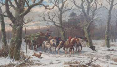 Winter landscape with a wooden wagon Winter landscape with a wooden wagon