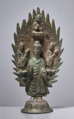 EARLY BRONZE OF A BUDDHA IN FRONT OF A FLAMING NIMBUS WITH DATING 571 EARLY BRONZE OF A BUDDHA IN FRONT OF A FLAMING NIMBUS WITH DATING 571