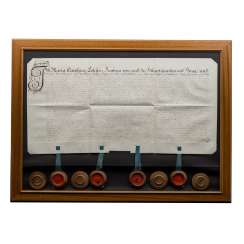 Document, behind glass, framed 18. Century, 4 seals, Document, behind glass, framed 18. Century, 4 seals,