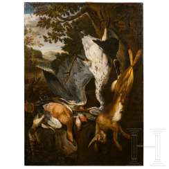 Large hunting still life with hare and fowl, in the manner of Johann George Hamilton, South German, early 18th. Century Large hunting still life with hare and fowl, in the manner of Johann George Hamilton, South German, early 18th. Century