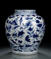 UNDER GLAZE BLUE DECORATED SHOULDER OF THE POT WITH 'LOTUS AND DUCK'DECOR UNDER GLAZE BLUE DECORATED SHOULDER OF THE POT WITH 'LOTUS AND DUCK'DECOR