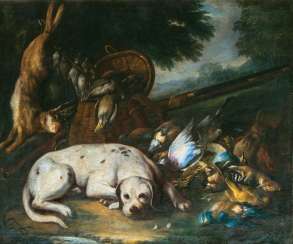 Hunting still life with booty and dog. Baldassarre de Caro Hunting still life with booty and dog. Baldassarre de Caro
