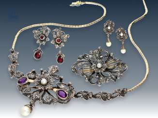 Brooch/earrings/necklace: rare, antique and very attractive jewelry Set with color stones, pearls and numerous rose cut diamonds, presumably Austria/Hungary, around 1900 Brooch/earrings/necklace: rare, antique and very attractive jewelry Set with color stones, pearls and numerous rose cut diamonds, presumably Austria/Hungary, around 1900