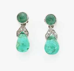 A pair of earrings with Old Mine emeralds England, around 1900 A pair of earrings with Old Mine emeralds England, around 1900