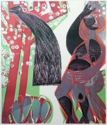 Grieshaber, HAP Helmut Andreas Paul, Rot an der Rot 1909 - 1981 Reutlingen, Prof. at the Akad. Karlsruhe. '' The woman with the peacock '', from the series '' Blossom '' Grieshaber, HAP Helmut Andreas Paul, Rot an der Rot 1909 - 1981 Reutlingen, Prof. at the Akad. Karlsruhe. '' The woman with the peacock '', from the series '' Blossom ''