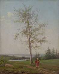 MOROZOV, ALEXANDER (1835-1904) Girl by a Birch Tree , signed and dated 1895. MOROZOV, ALEXANDER (1835-1904) Girl by a Birch Tree , signed and dated 1895.