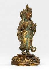 Fire gilt Bronze of a standing Bodhisattva on a Lotus Fire gilt Bronze of a standing Bodhisattva on a Lotus