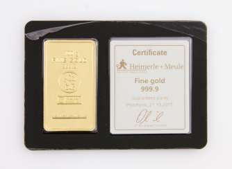 1 - gold bullion 100g gold bars, embossed, manufacturer, Heimerle + Meule 1 - gold bullion 100g gold bars, embossed, manufacturer, Heimerle + Meule