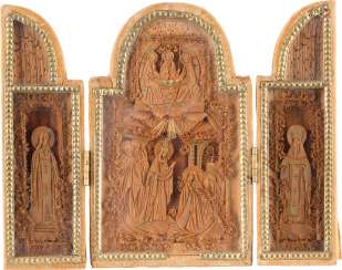 DATED TRIPTYCH WITH THE APPEARANCE OF THE MOTHER OF GOD IN FRONT OF THE HOLY SERGEY OF RADONESH Russia DATED TRIPTYCH WITH THE APPEARANCE OF THE MOTHER OF GOD IN FRONT OF THE HOLY SERGEY OF RADONESH Russia