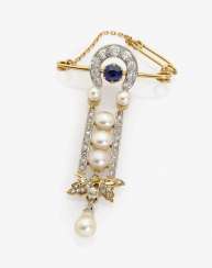 HISTORICAL BROOCH DECORATED WITH DIAMONDS, PEARLS AND A SAPPHIRE . England, naturalism, 1885 HISTORICAL BROOCH DECORATED WITH DIAMONDS, PEARLS AND A SAPPHIRE . England, naturalism, 1885