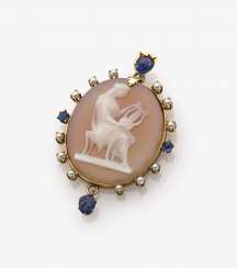 Historical stone carving pendant with cultured pearls and sapphires. USA, about 1910 Historical stone carving pendant with cultured pearls and sapphires. USA, about 1910