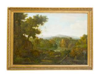 Hendrik Frans Van Lint (1684-1763)-attributed, Large classical Landscape with figures visiting a waterfall , Oil on Canvas, in classicistic frame Hendrik Frans Van Lint (1684-1763)-attributed, Large classical Landscape with figures visiting a waterfall , Oil on Canvas, in classicistic frame