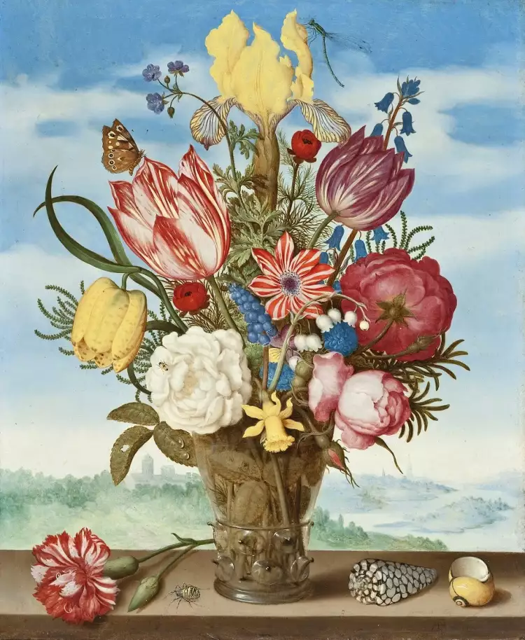Голландские натюрморты. Амброзиус Босхарт Старший. «Букет цветов на карнизе»