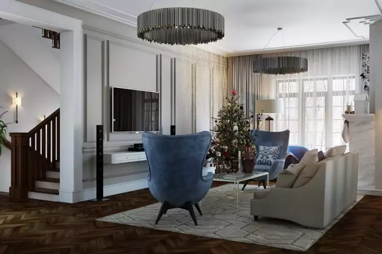 Американский стиль в интерьере. Интерьер гостиной с ковром и двумя массивными люстрами