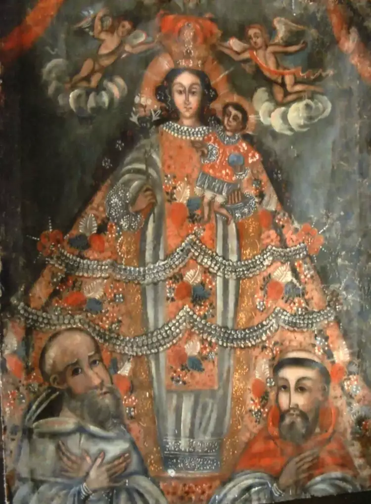 Испанское колониальное искусство. Дева Мария и святые, Боливия. Пример образа с индейскими чертами лица