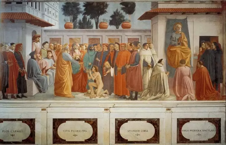 Мазаччо. Фреска «Воскрешение сына Теофила и св. Пётр на кафедре» из капеллы Бранкаччи, 1425