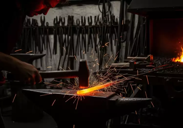 Процесс художественной ковки - кузнец с молотом обрабатывает раскаленный металл на наковальне.