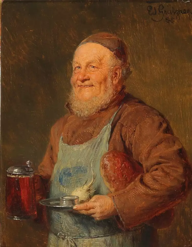 Эдуард фон Грютцнер. Картина «Улыбающийся монах с закуской», 1888 Эдуард фон Грютцнер. Картина «Улыбающийся монах с закуской», 1888