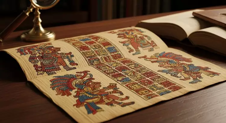 Страница из Дрезденского кодекса майя, демонстрирующая сложные иероглифические блоки и изображения божеств. Страница из Дрезденского кодекса майя, демонстрирующая сложные иероглифические блоки и изображения божеств.