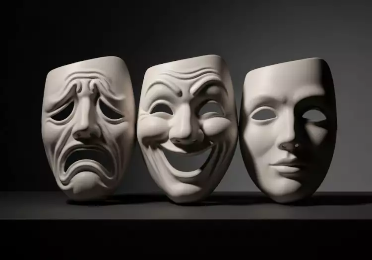 Три театральные маски — трагическая, комическая и нейтральная — символизирующие три рода литературы: драму, лирику и эпос.