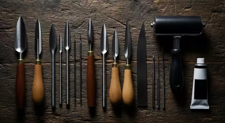 Набор инструментов для создания гравюры: штихели, резцы, иглы и валики, разложенные на рабочем столе художника-графика.