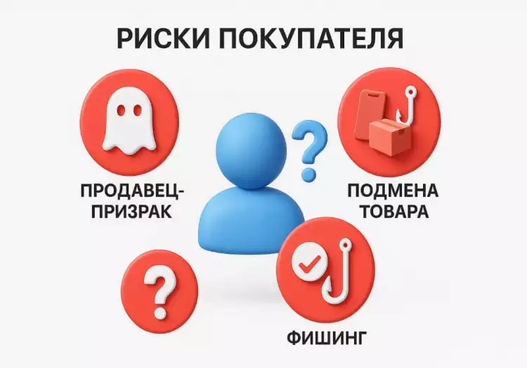 Инфографика, показывающая три главных риска для покупателя: продавец-призрак, подмена товара и фишинг.