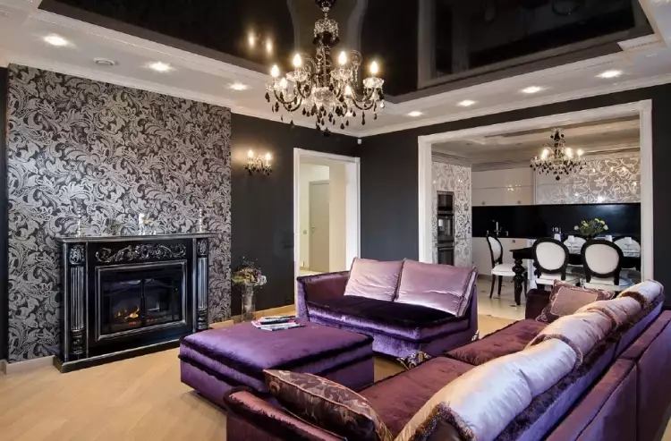 Стиль арт-деко в интерьере. Интерьер гостиной с камином черным глянцевым потолком Стиль арт-деко в интерьере. Интерьер гостиной с камином черным глянцевым потолком