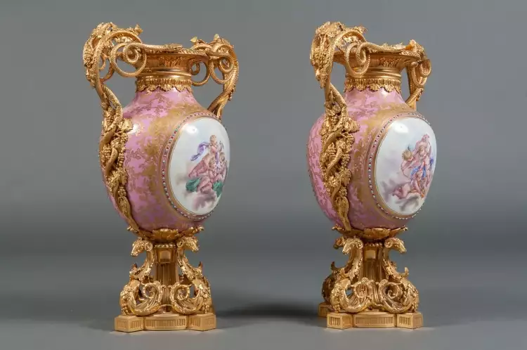 French Porcelain. Pair of Sevres vases of the colour pink Pompadour