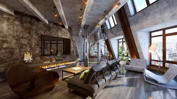 Лофт. Интерьер в стиле лофт, гостиная с винтовой лестницей и наклонными стенами