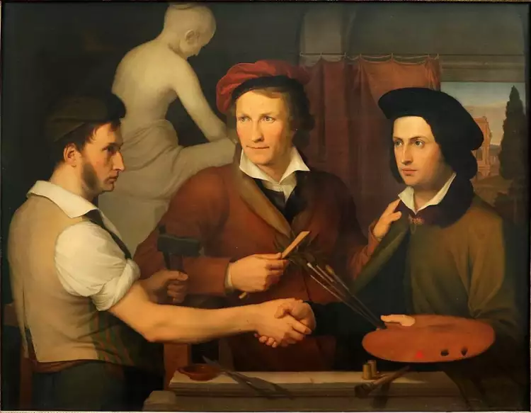 Фридрих Вильгельм Шадов. Картина «Автопортрет с братом Рудольфом и Бертелем Торвальдсеном», 1816