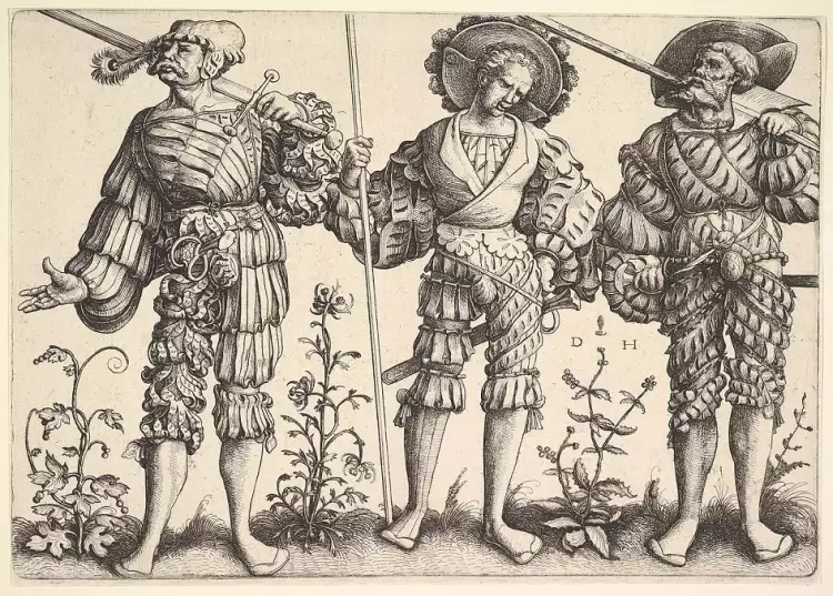 Офорт. Даниэль Хопфер. «Три ландскнехта», 1530 Офорт. Даниэль Хопфер. «Три ландскнехта», 1530