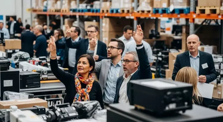 Современный склад, где бизнесмен использует технологию аукциона для эффективной ликвидации товарных остатков.