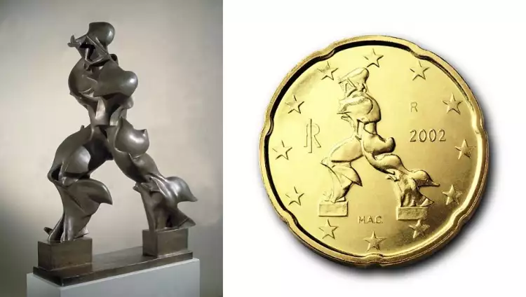Умберто Боччони. Скульптура «Уникальные формы непрерывности в пространстве» и ее изображение на монете