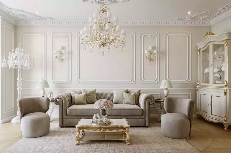 Классицизм в интерьере. Интерьер гостиной с люстрой и большим напольным светильником