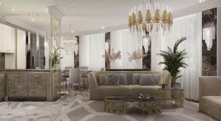 Стиль арт-деко в интерьере. Интерьер гостиной в бежевых тонах с панорамными окнами Стиль арт-деко в интерьере. Интерьер гостиной в бежевых тонах с панорамными окнами