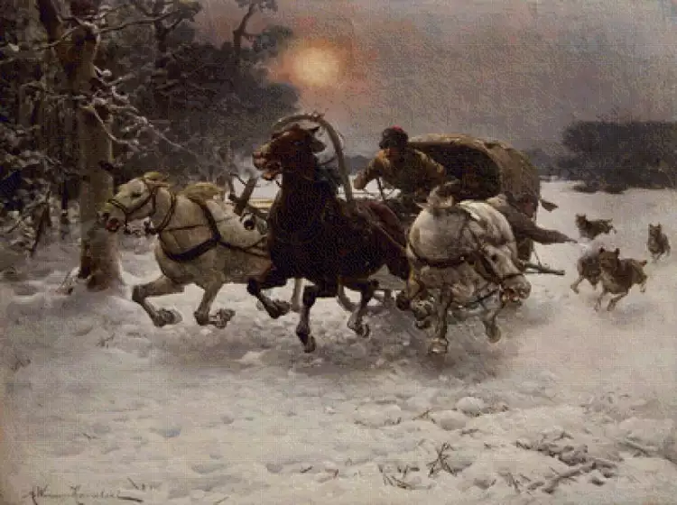 Как научиться понимать живопись. Альфред Веруш-Ковальски. «Тройка, преследуемая волками. Пример изменения пропорции для передачи скорости