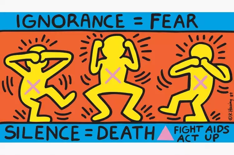 Кит Харинг. Постер «Невежество = страх, молчание = смерть», 1989