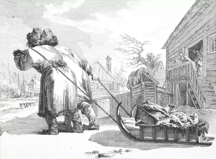 Гравюра. Лавис. Жан-Батист Лепренс. «Русские торговцы рыбой», 1764 Гравюра. Лавис. Жан-Батист Лепренс. «Русские торговцы рыбой», 1764