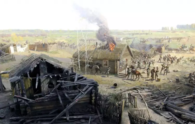 Франц Рубо. Картина «Бородинская битва». Фрагмент «Пылающие избы и руины», 1912