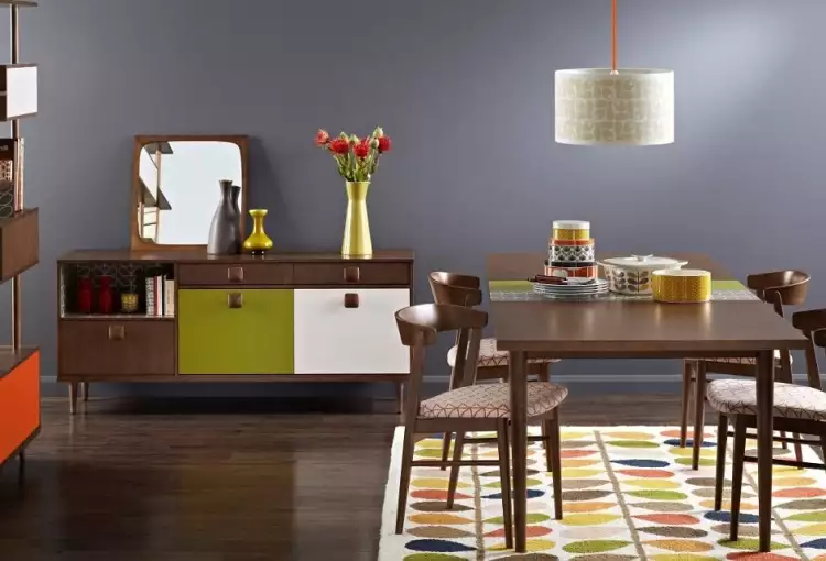 Стиль интерьера ретро. Интерьер гостиной с пестрым ковром в стиле ретро Стиль интерьера ретро. Интерьер гостиной с пестрым ковром в стиле ретро