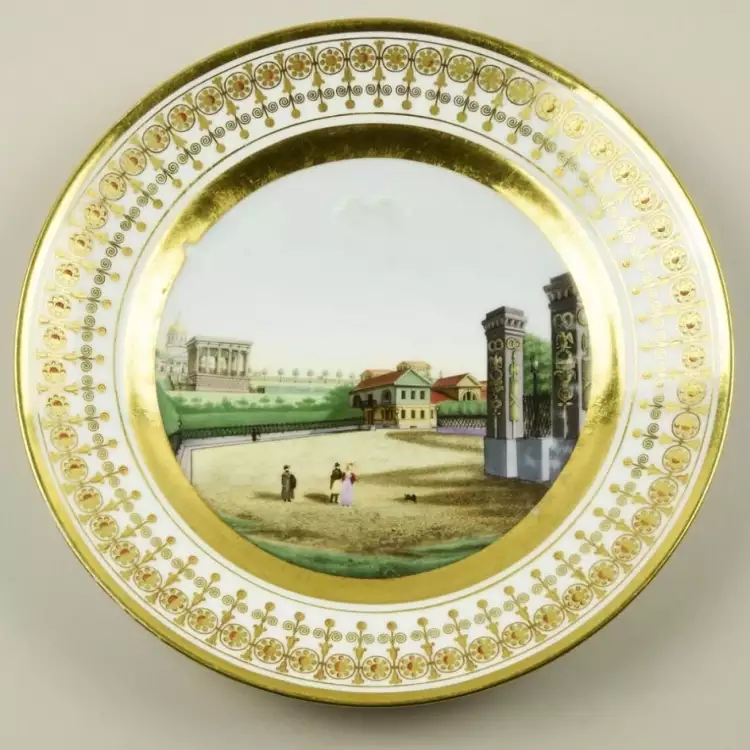 Фарфоровый завод Юсупова. Тарелка с видом усадьбы в Грузино