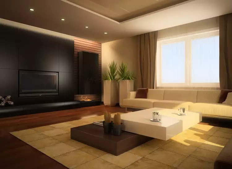 Минимализм. Гостиная с длинным диваном и настенным телевизором в стиле минимализм