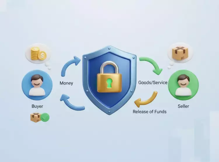 Схема работы эскроу-сервиса: Покупатель платит Посреднику, Продавец отправляет товар, Покупатель получает товар, Посредник платит Продавцу.