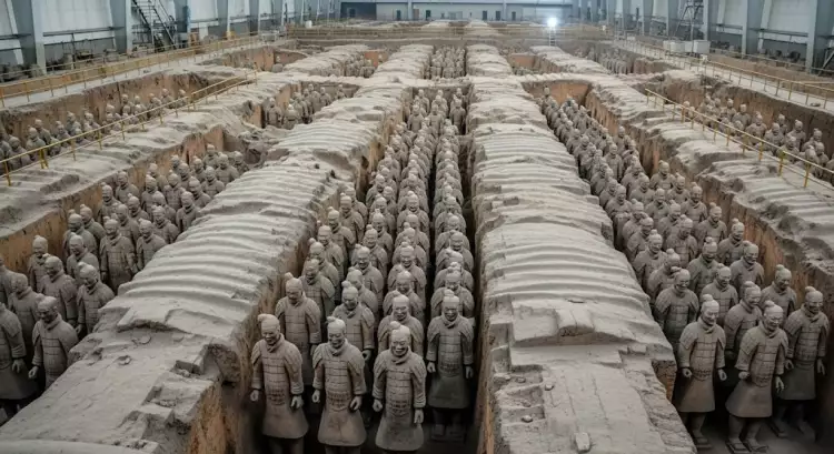 Панорамный вид на раскопки Терракотовой армии: сотни глиняных воинов стоят в боевом построении в подземных коридорах.