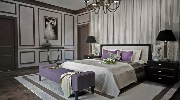 Стиль арт-деко в интерьере. Интерьер спальни с кроватью и картиной Стиль арт-деко в интерьере. Интерьер спальни с кроватью и картиной