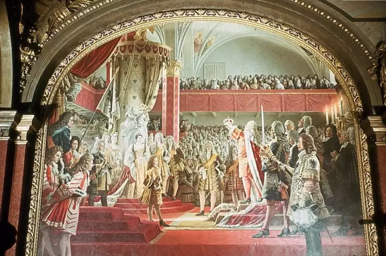 Орден Черного Орла. Антон фон Вернер. Картина «Курфюрст Бранденбургский Фридрих III становится королем Пруссии Фридрихом I», 1887