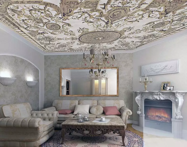 Интерьер в стиле ренессанс. Интерьер гостиной с камином и лепным потолком